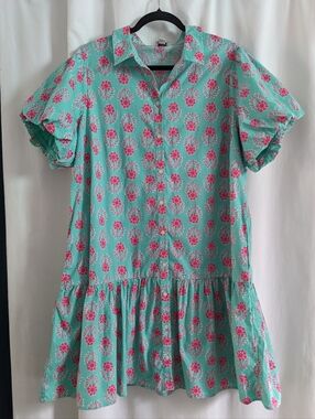 J.Crew Womens Floral Block Print Button Bubble Sleeve Mini Dress Aqua size 20